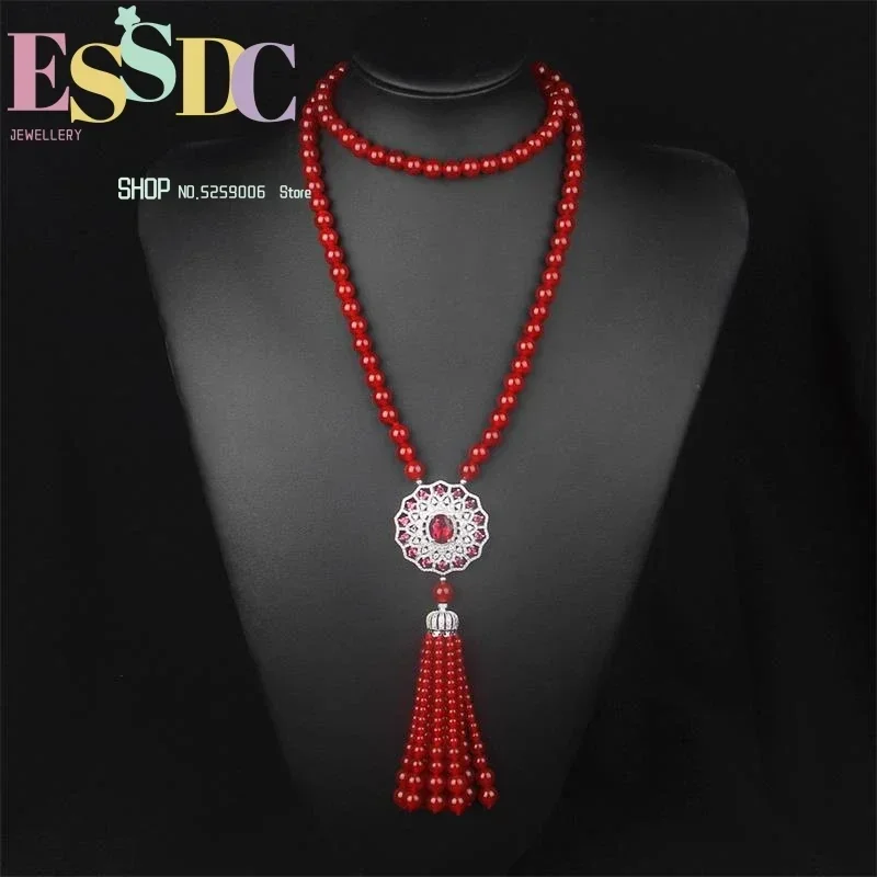 New Natural Red Agate Zircon Inlaid Taiyang Flower Crystal Necklace Long Style for Women Sweater Chain