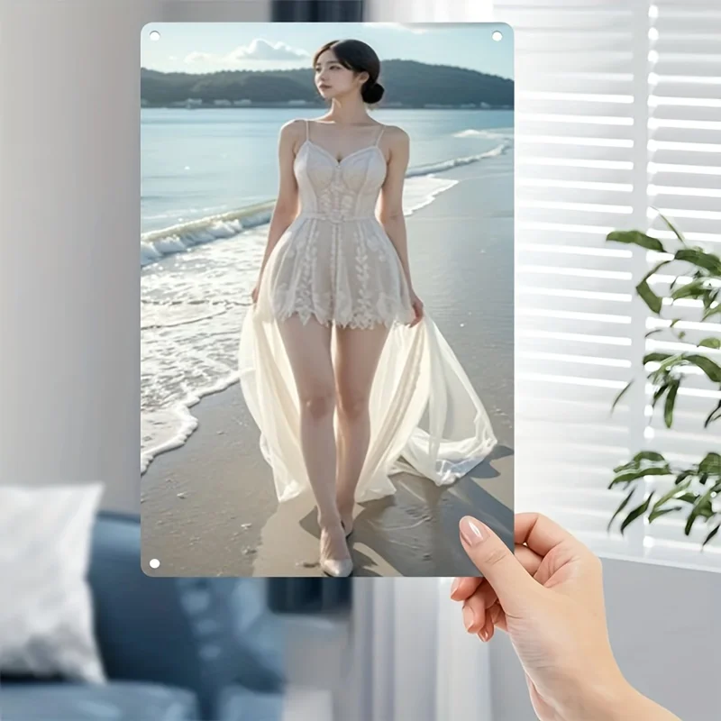 

Rustic Retro Advertising Sign for Home Decor，Metal Wall Art Sign - Elegant Woman in White Beach Dress Coastal Beach Scene with R