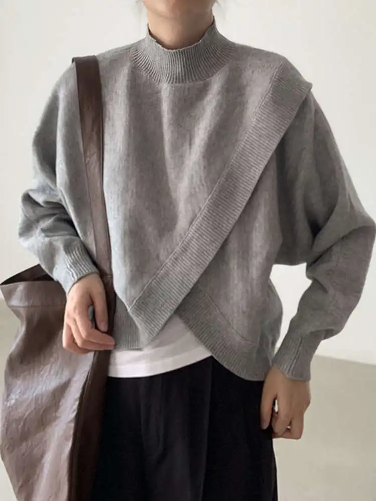 

Casual Loose Women's Long Sve Knitted Sweater Outerwear Cross over Head Design Trendy Layering Personali Cotton Top