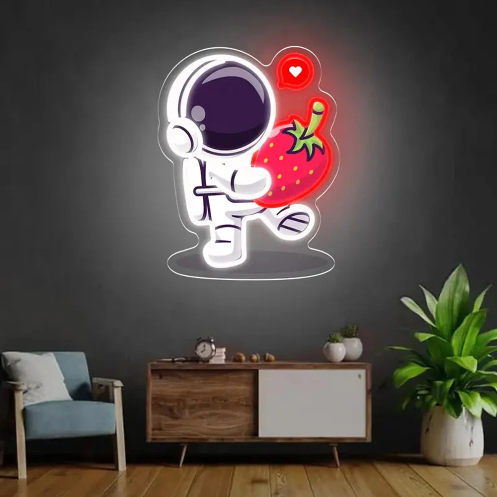 Astronaut Bring Strawberries Fruit Custom LED Bar Neon Lights Sign Bar Club for Cafe Coffee Bar Party Teen Wall Decorative Lamp