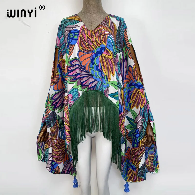 Europe Beach Cover Up Swimwear holiday fashion print WINYI Maxi women's beach evening party dress tassels jacket party dress