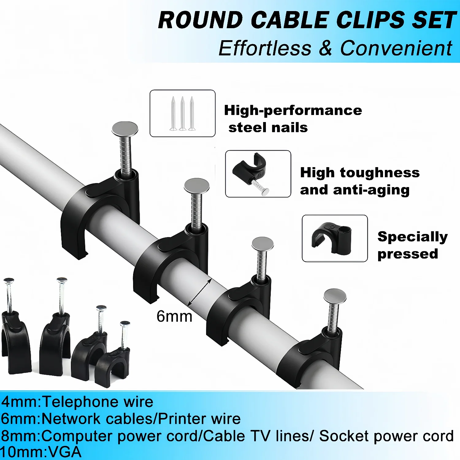 100pcs Cable Clamps Nail in Cable Clips, Black Round Ethernet Cable Wall Clips Cable Tacks Coax Cable Clip Speaker Wire Clips image 4