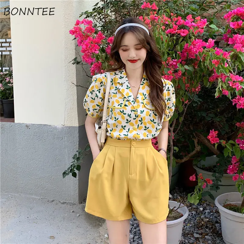 

Short Sets Women Puff Sleeves Notched Floral All Match Girls Leisure Korean Stylish Sweet Summer Holiday Female Vintage 2 Piece