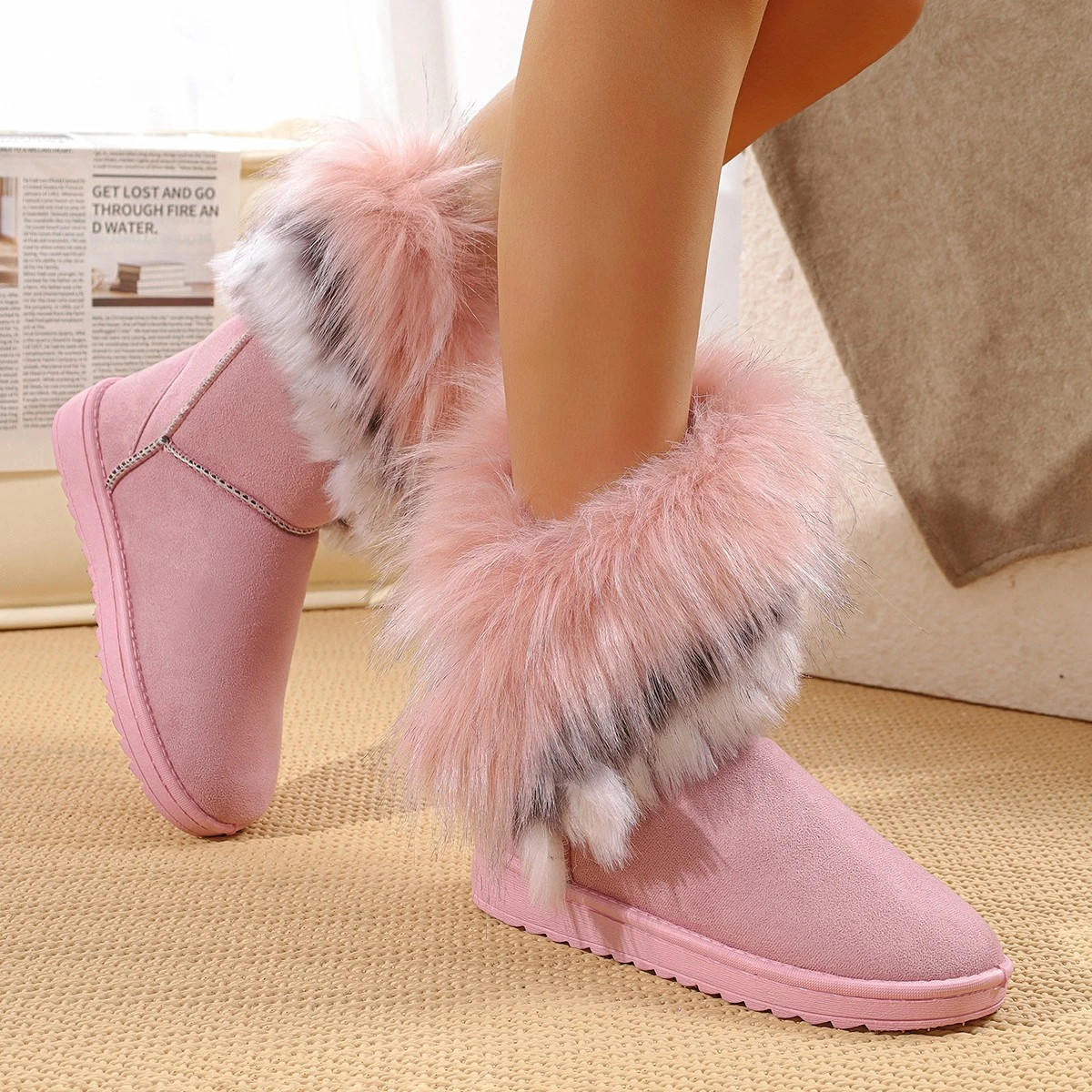 Damen-Winterstiefel bis zum Knie, mit Fell gefüttert, Baumwollschuhe, Freizeit-Flachschuhe, runde Zehen, Gummisohle, einfarbig – Detail 2