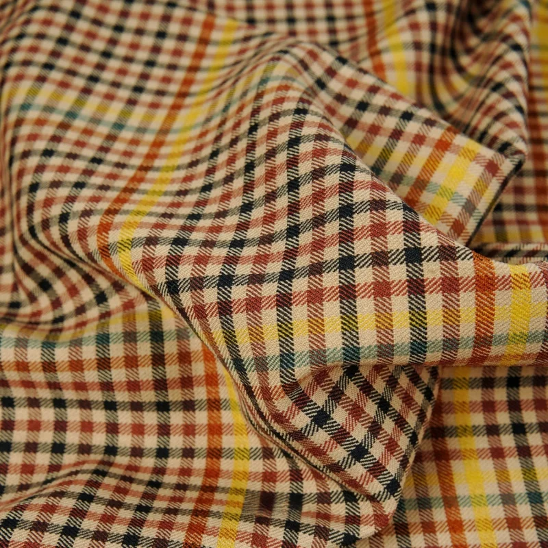 2 Yards Fine Worsted Wool Blend Yellow-Red Checkered Fabric for Making Clothes, Skirts, and Jackets, Designer MaterialA