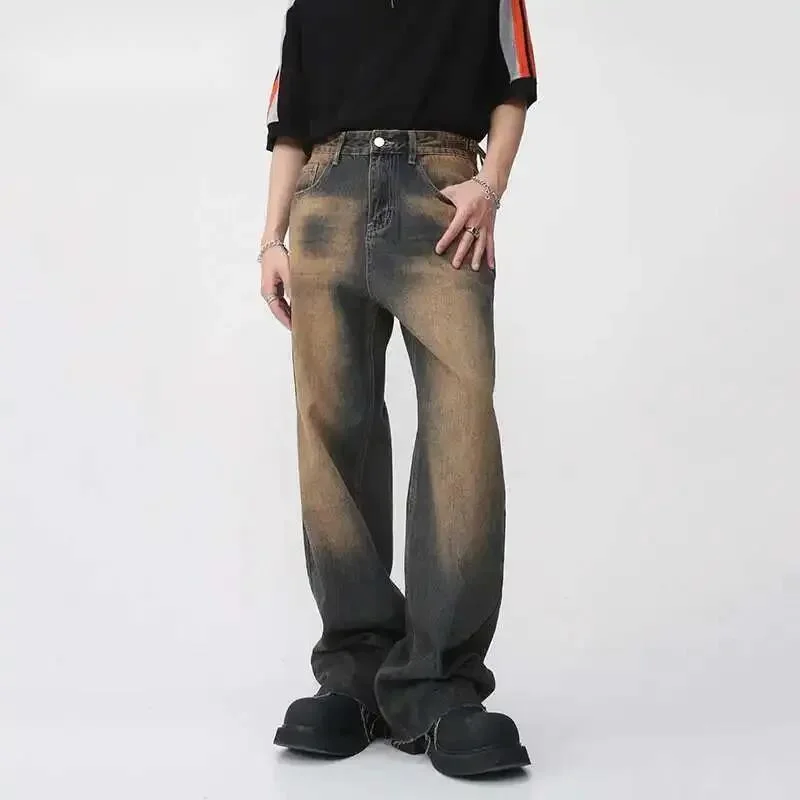 Vintage Men's Jeans New Straight Gradient Color Worn-out Denim Pants Streetwear Male Wide Leg Trousers Simple Spring 9ATF66