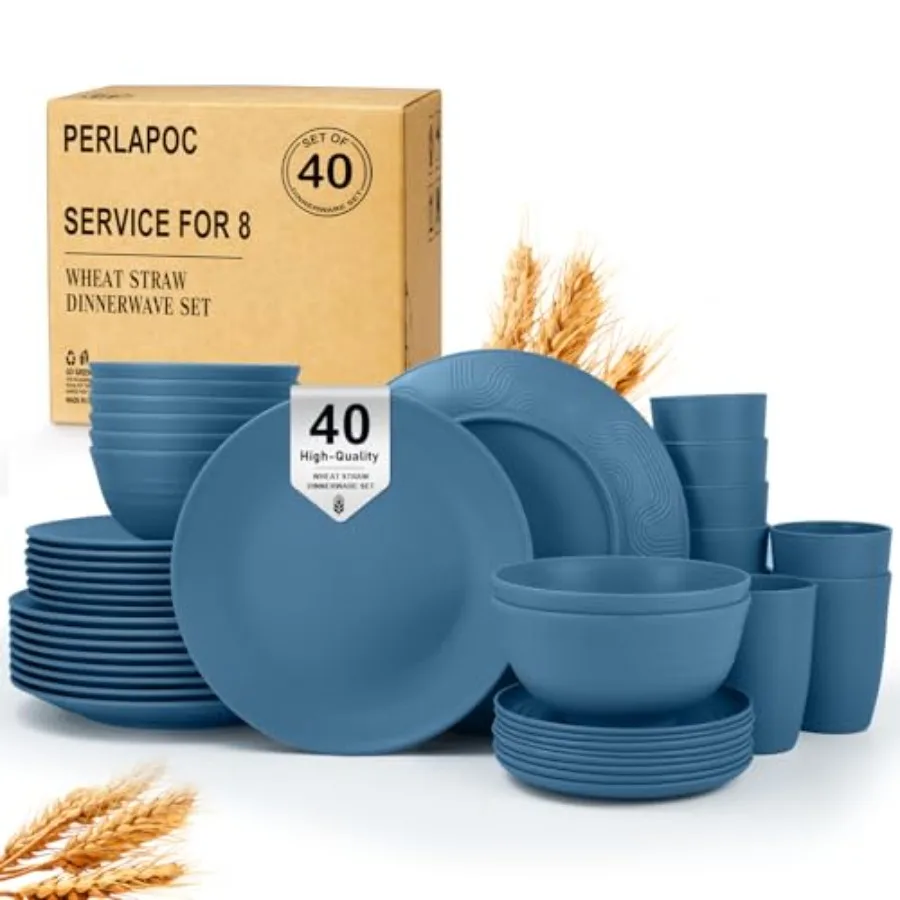 

Набор посуды из пшеничной соломы из 40 предметов: небьющийся сервиз на 8 персон – многоразовые чашки, тарелки и миски, пригодные для использования в микроволновой печи