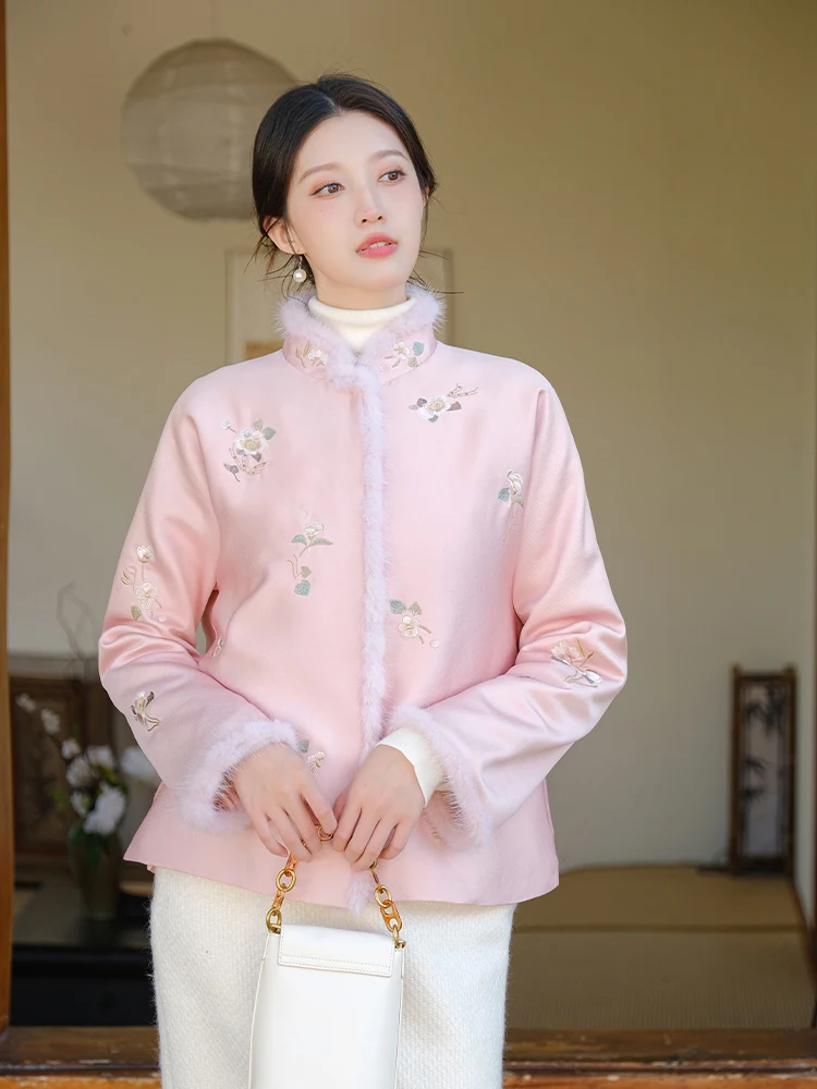 

Новая китайская утепленная хлопковая куртка для осени и зимы, оригинальная женская одежда в национальном стиле, абрикосовая с вышивкой