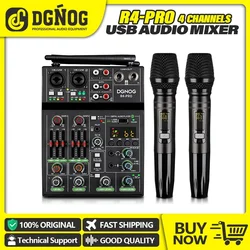 4 Channels Audio Mixer with Dual Wireless Microphone USB Sound Mixers DJ Mixing Console for Home Karaoke Party Church Studio