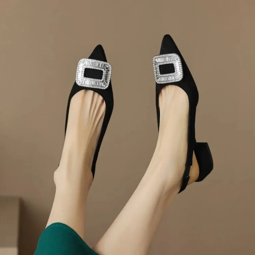 

Summer New Styles Fashion Pointed Tip Low-heel Women's Sandals Black Suede Surface Rhinestone Sexy Fashion Sandals High 3cm