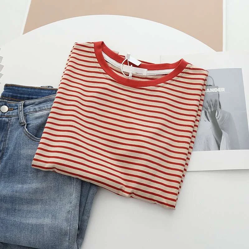 

Летняя свободная повседневная студенческая блузка Clean Fit льняная ор Све круглая футболка в полоску средней длины для женщин