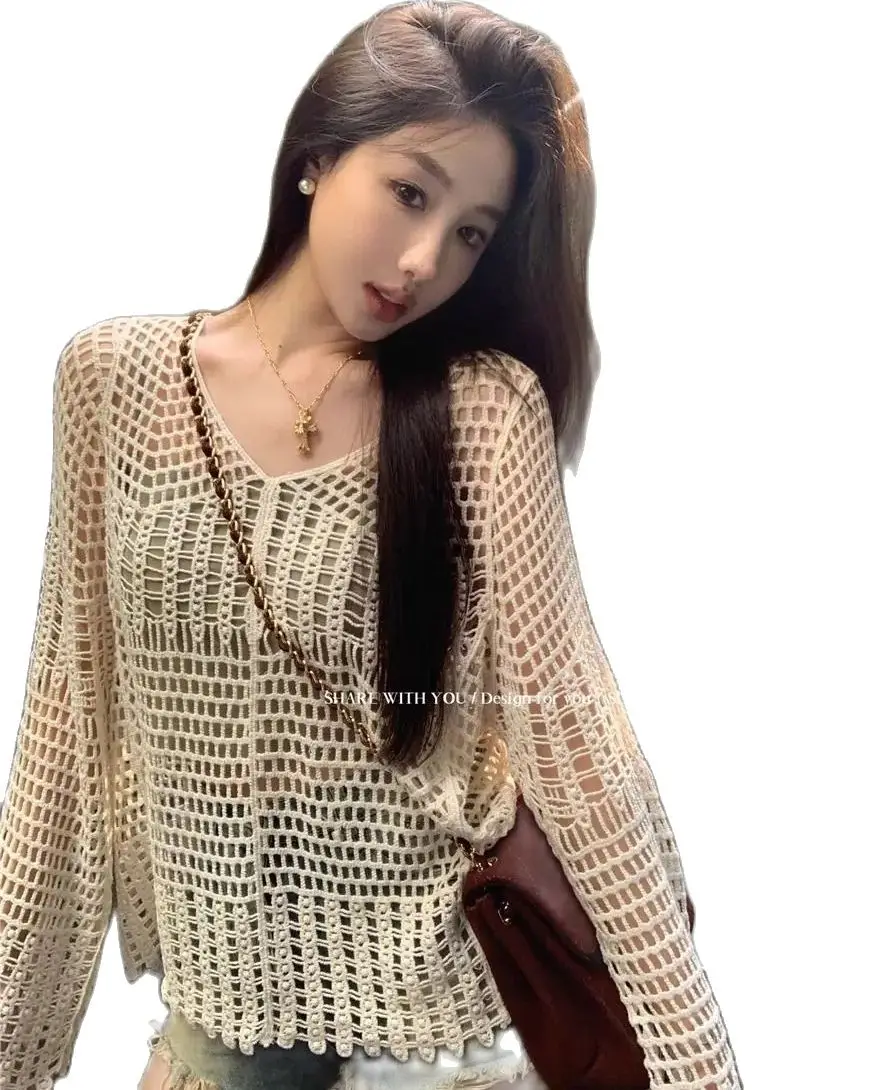 Ladies T-Shirt Mesh Hollowed Out See-Through Fashion Pullover Sweater  Women Sexy Tops Female Girl Casual Knitted T-Shirt Vy1614