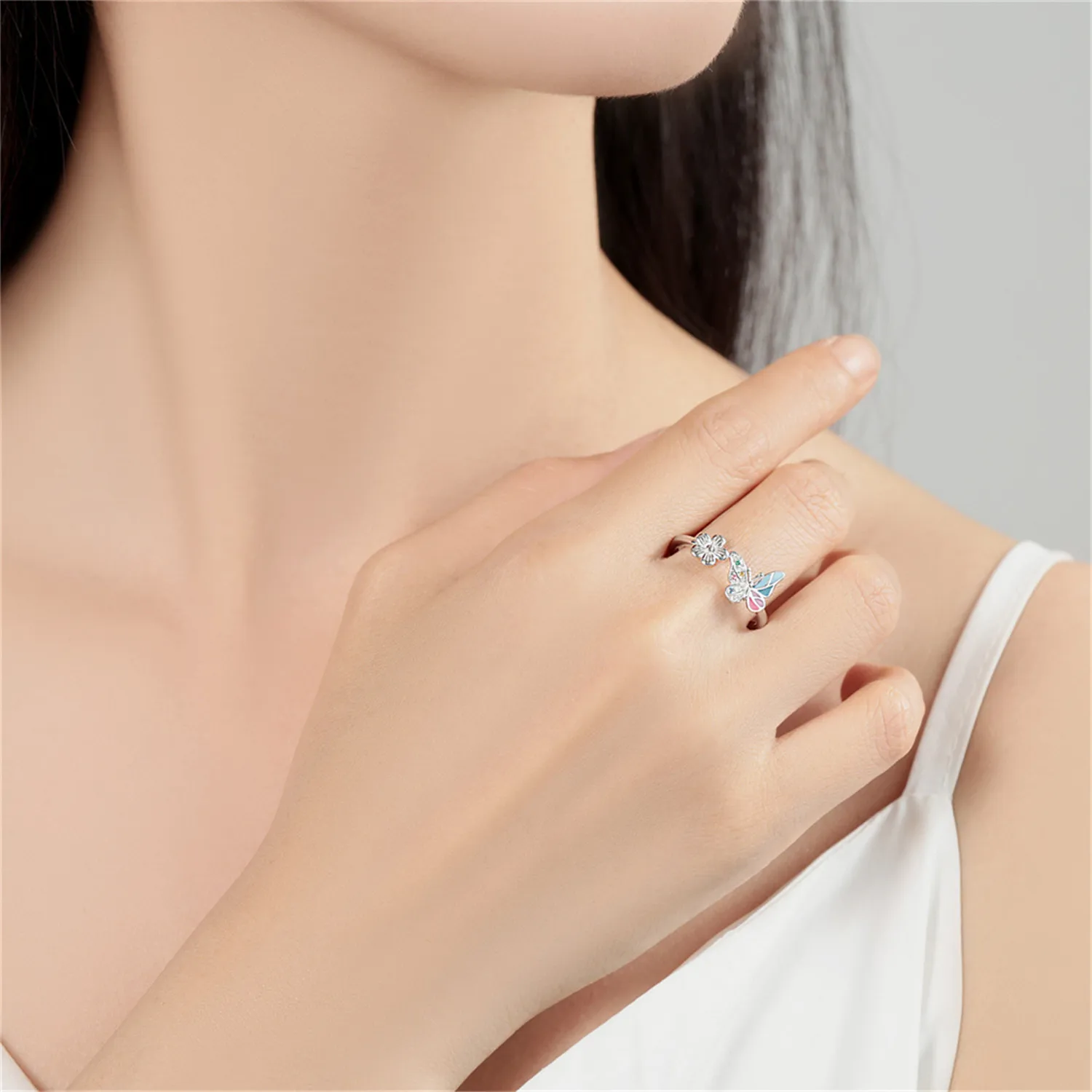 PANPOKI S925 فضة فراشة الحشرات زهرة افتتاح الدائري للنساء الأصلي البنصر مجوهرات هدايا الحفلات العصرية #2