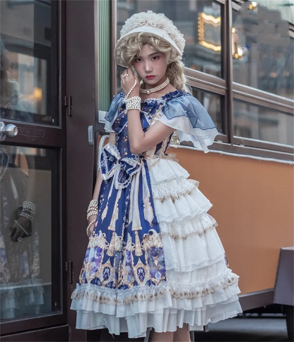 

Japanese Sweet Style Cute Girl Cosplay Lolita Jsk Kawaii Lolita Print Starry Note Harp Bow Pearl Gem Ribbon Tunic Princess Dress