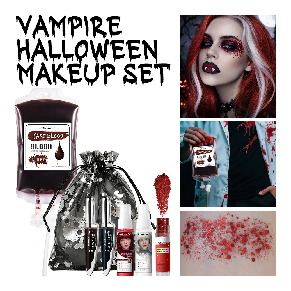 Halloween Vampire Zombie Makeup Set Fake Blood Lipstick Hair Spray Glitter Skull Bag for Cosplay Horror Costume Party Dress Up