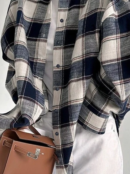 Loose Plaid irt Jaet for Women Big Pattern Flannel Long Sve Turn-down Collar Casual Street Sle Polyester Outerwear