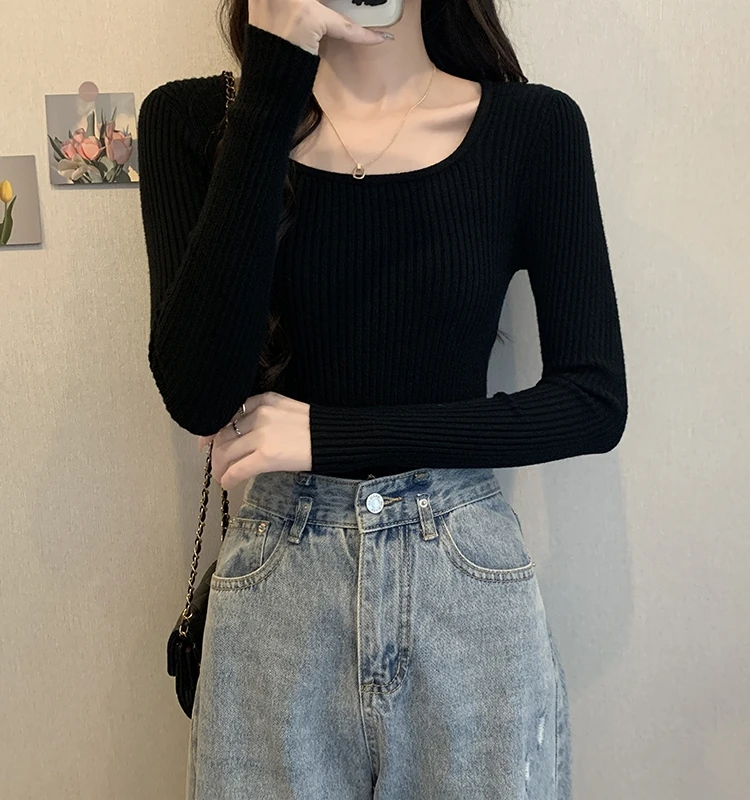 

Slim Fit цветная основа irt корейский Sle квадратный воротник длинный светящийся женский вязаный свитер внутренняя одежда осень новое поступление