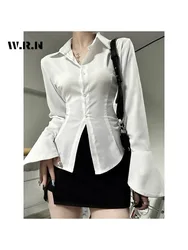 2024 Women Sexy Solid Color Slim Chiffon Shirt Turn-down Collar Flare Sleeve Tunic Bandage Design Vintage Female Blouses