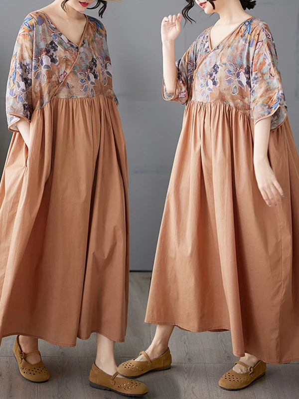 High Waist Slimming Cotton Linen New Sle V-ne Splicing Retro Wind Dr Middle-aged Mom Clothes plus Size Long Dr