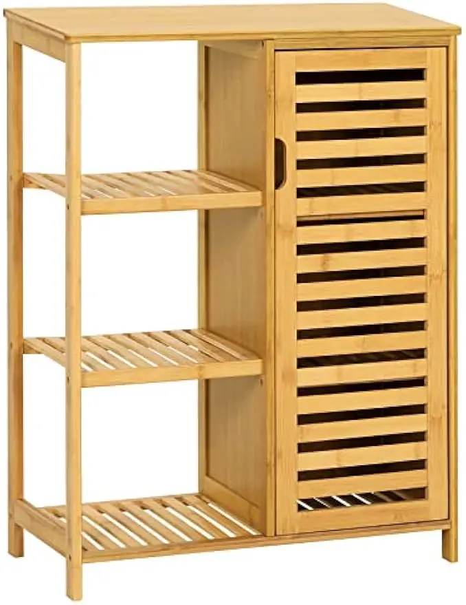 

Bathroom Cabinet Bamboo Storage Cabinet with Doors & 3 Side Shelves Freestanding Floor Cabinet Storage Organizer