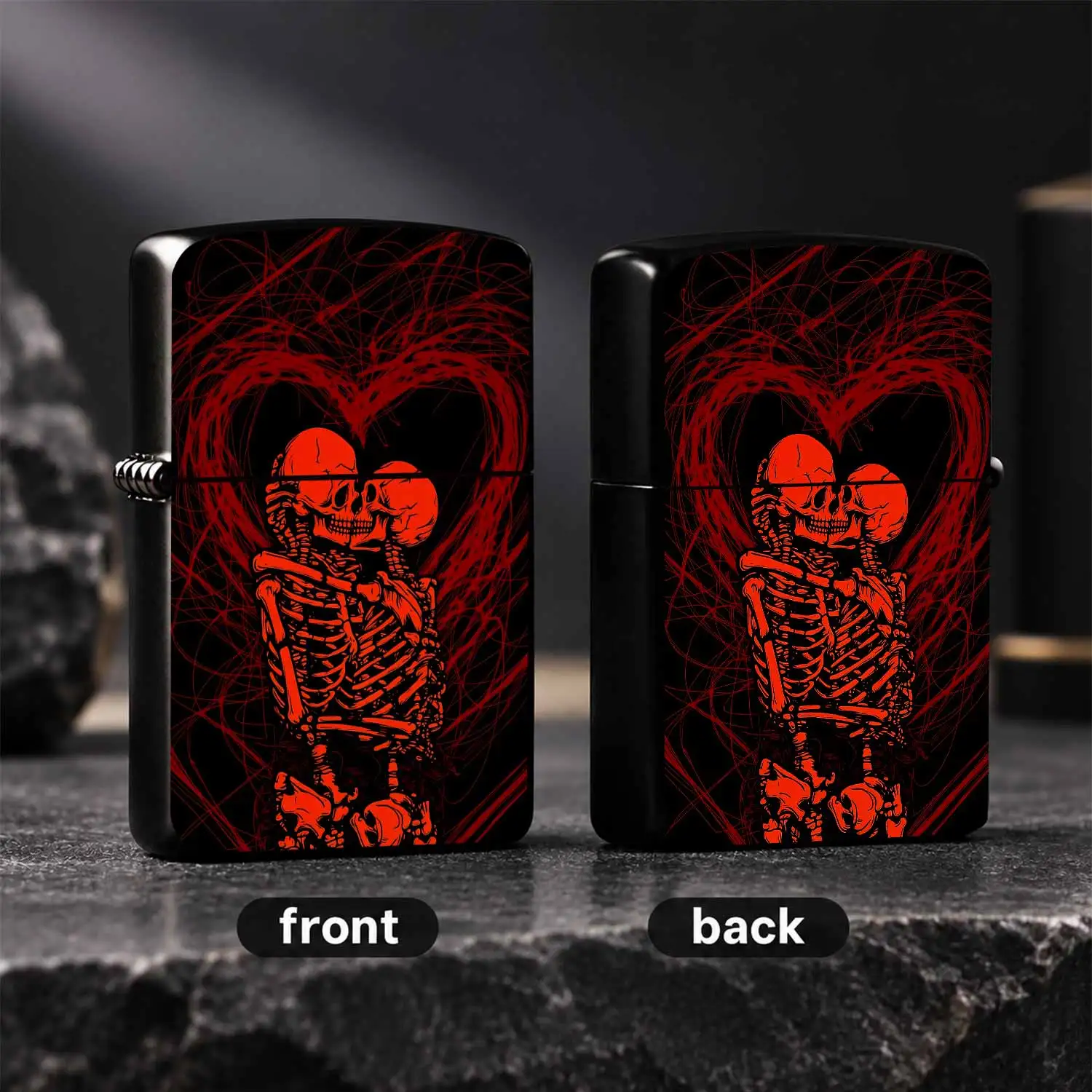 Stylish Skeleton Lovers Embrace Pattern Lighter, Red Black Heart Line Themed Portable Accessory, Suitable for All Daily Scenarios, Unique Cool Creative Gift Choice, Delicate Eye Catching Decorative Practical Item for Dai A Humorous And Inte