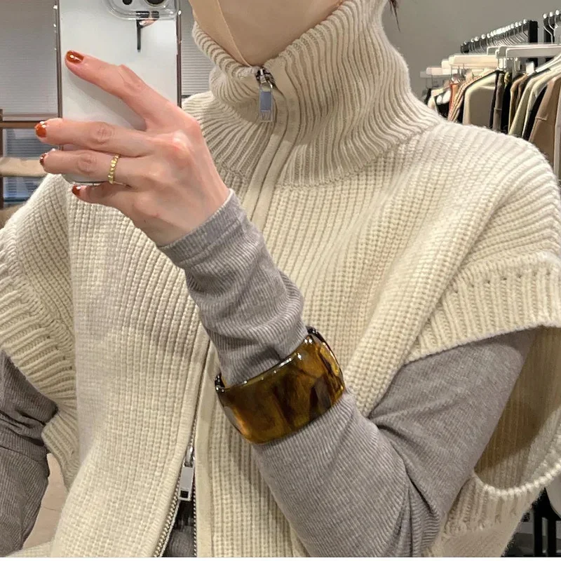 Kuzuwata Design Sense Loose Turtleneck Women Pulls Cocoon Thin Loose Chaleco Mujer Sleeveless Zipper Sweater Vest Cardigan