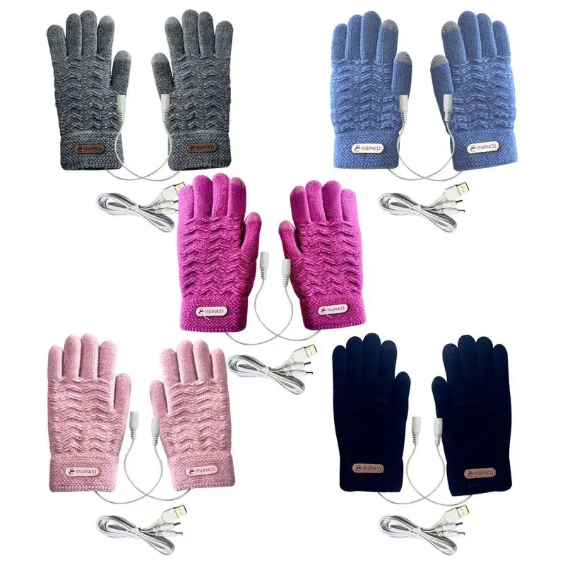 USB Electric Heated Gloves 45 Degree Heating Winter Full Fingger Gloves Knitted Mittens Women Outdoor Thermal Equipment