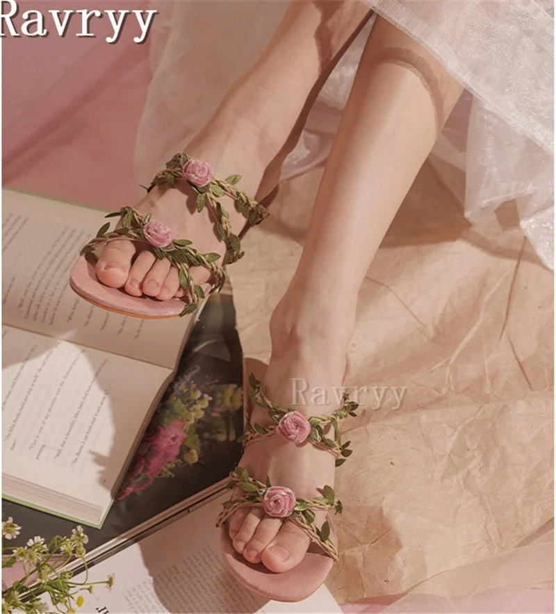 Pink Flower Vine Slippers Lovely Women Vacation Sandals Fairy Style Round Open Toe High Heel Party Wedding Shoes