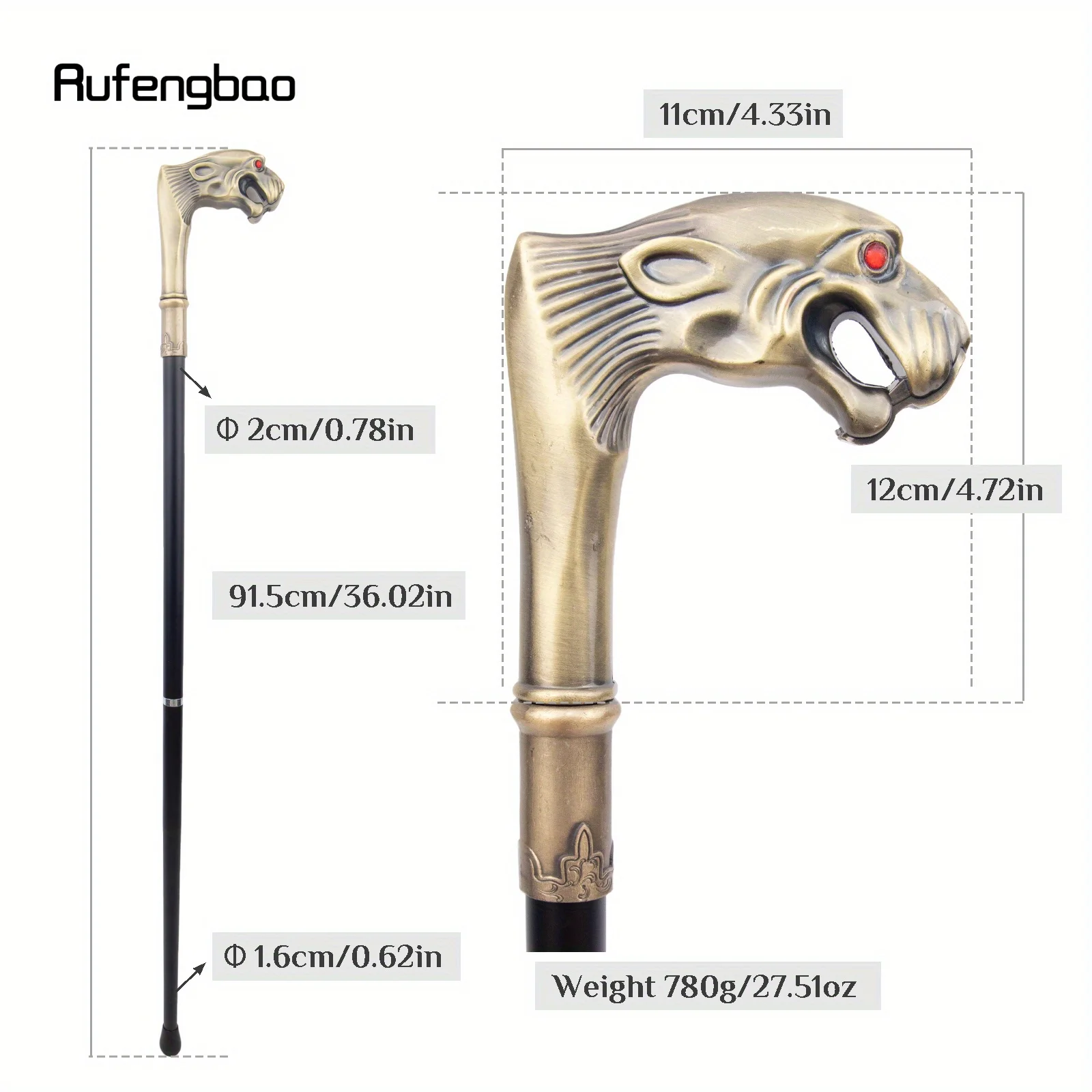 Copper Leopard Red Eye Luxury  Cane 92cm Decorative Stick Decorative Cane For Cosplay And Parties, For Cosplay & Party