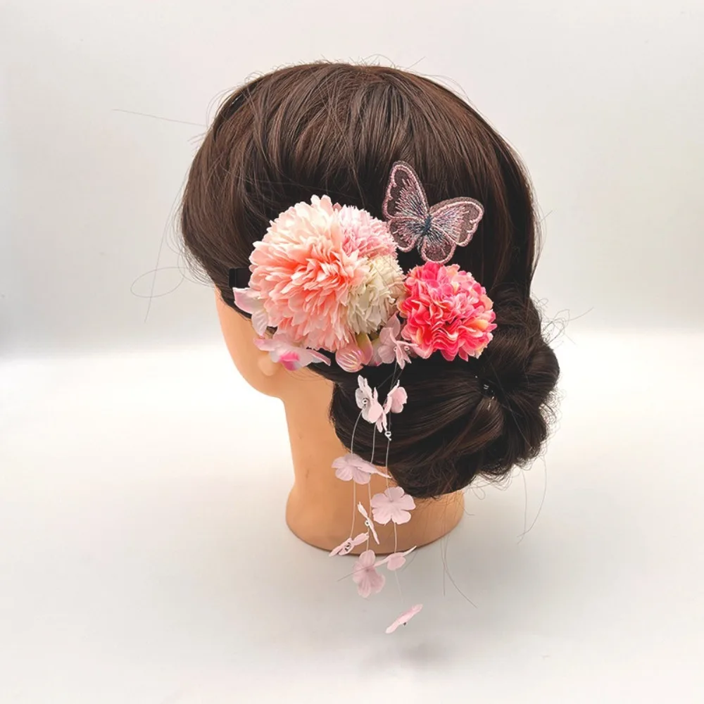 

Elegant Japanese Hydrangea Hairpin Handmade Cloth Butterfly Hair Clip Vintage Flower Pearl Tassels Hair Stick Kimono Accessory