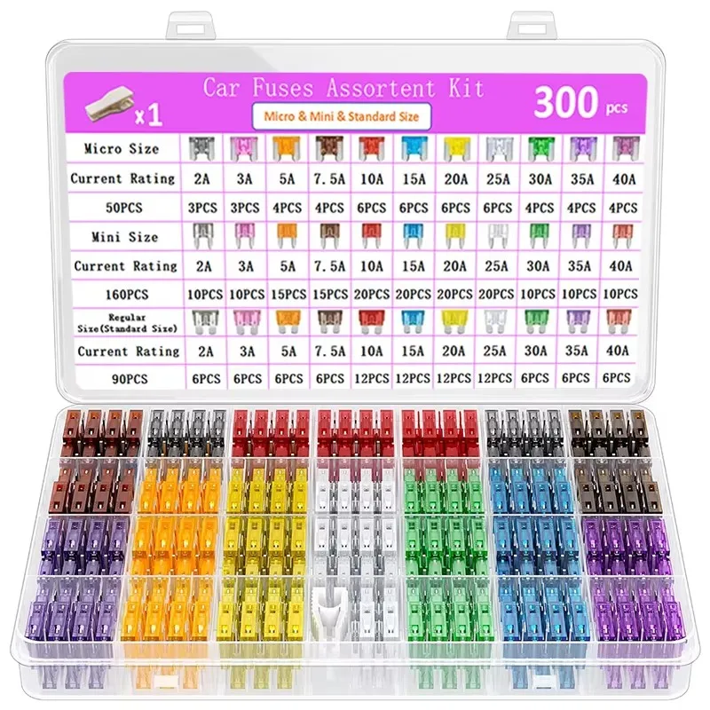 300 pieces of car fuse set, mini short foot mini pointed foot standard blade fuse and 1 puller