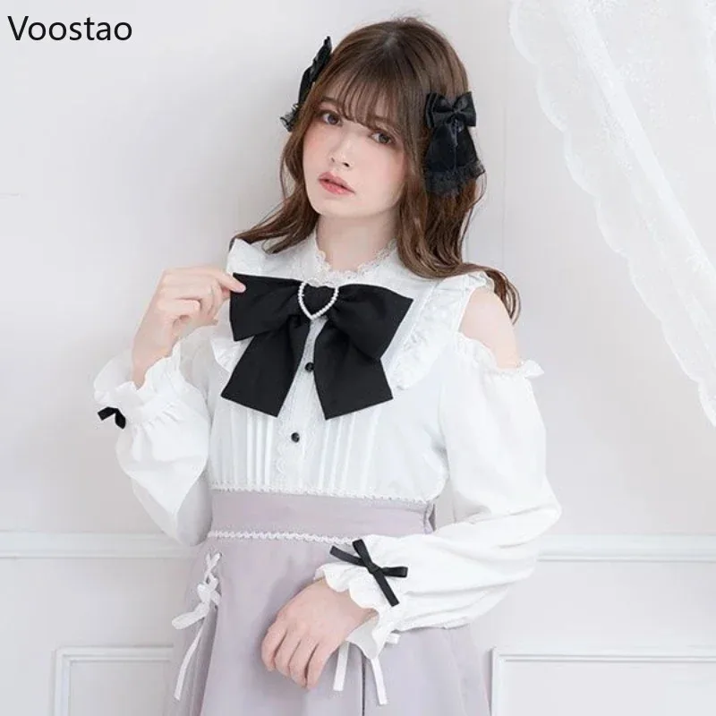 S-4XL Kawaii Donna Lolita Camicie Fiocco Cuori Fibbia Camicetta Y2k Giapponese Scava Fuori Manica Lunga Dolce Top Ufficio Donna JK v;6,a'