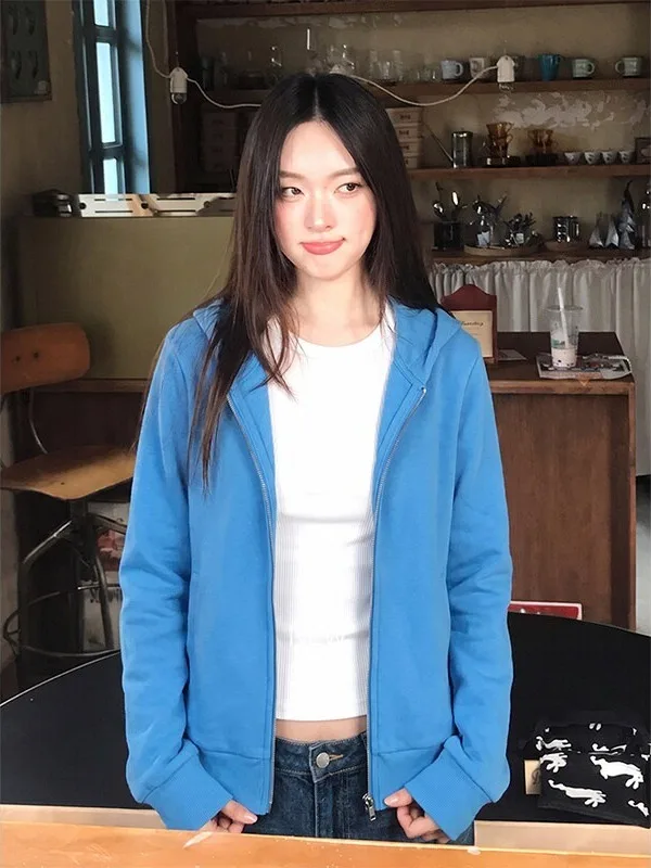 Blue Washed Hoodie Jacket Women's Slim Fit Short Zipper Open Cardigan Casual Versatile High-End Feeling Top for Autumn