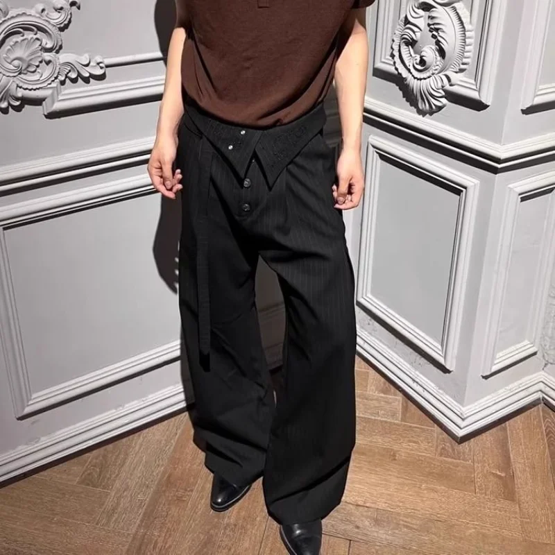 

Fashionable Pinstripe Casual Pants Spring Autumn Wide-Leg Vintage Embroidered Men's Clothing Loose Folds Straight Basic Trousers