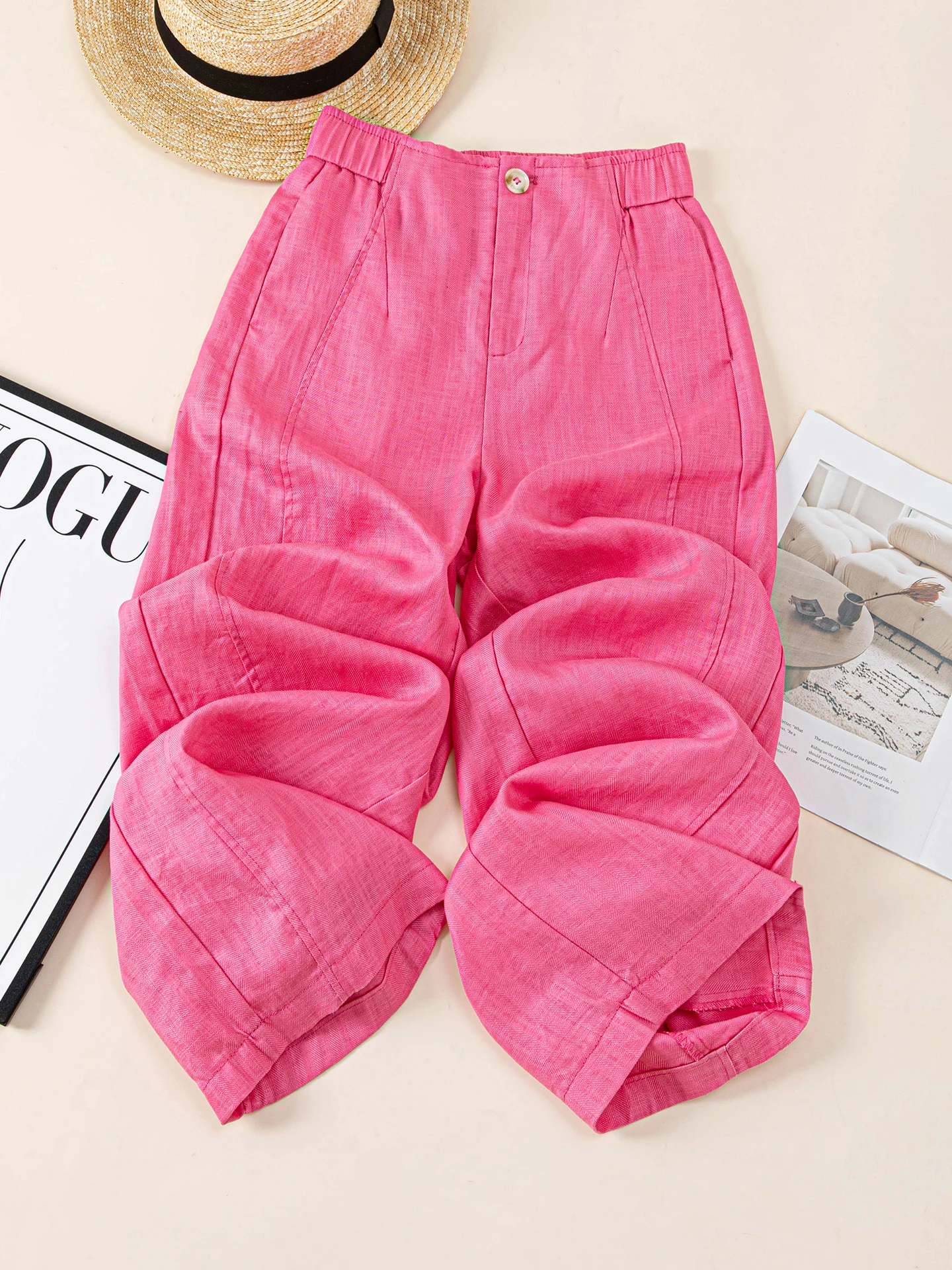 

Summer Thin Wide Leg Pants Women's Loose Fit Linen Casual Straight Leg Trousers High Waist Elastic Comfortable Drapey