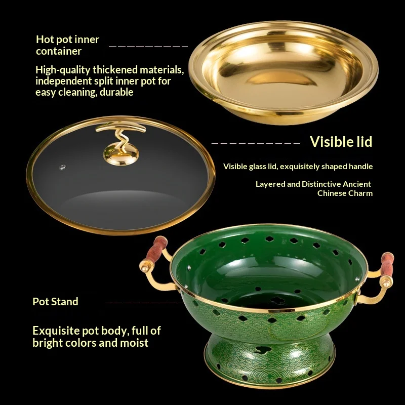 Copper Warm Stew Pot Alcohol Stove Mongolian Hot Pot with Lid Chinese Design Wooden Handle Commercial Tableware