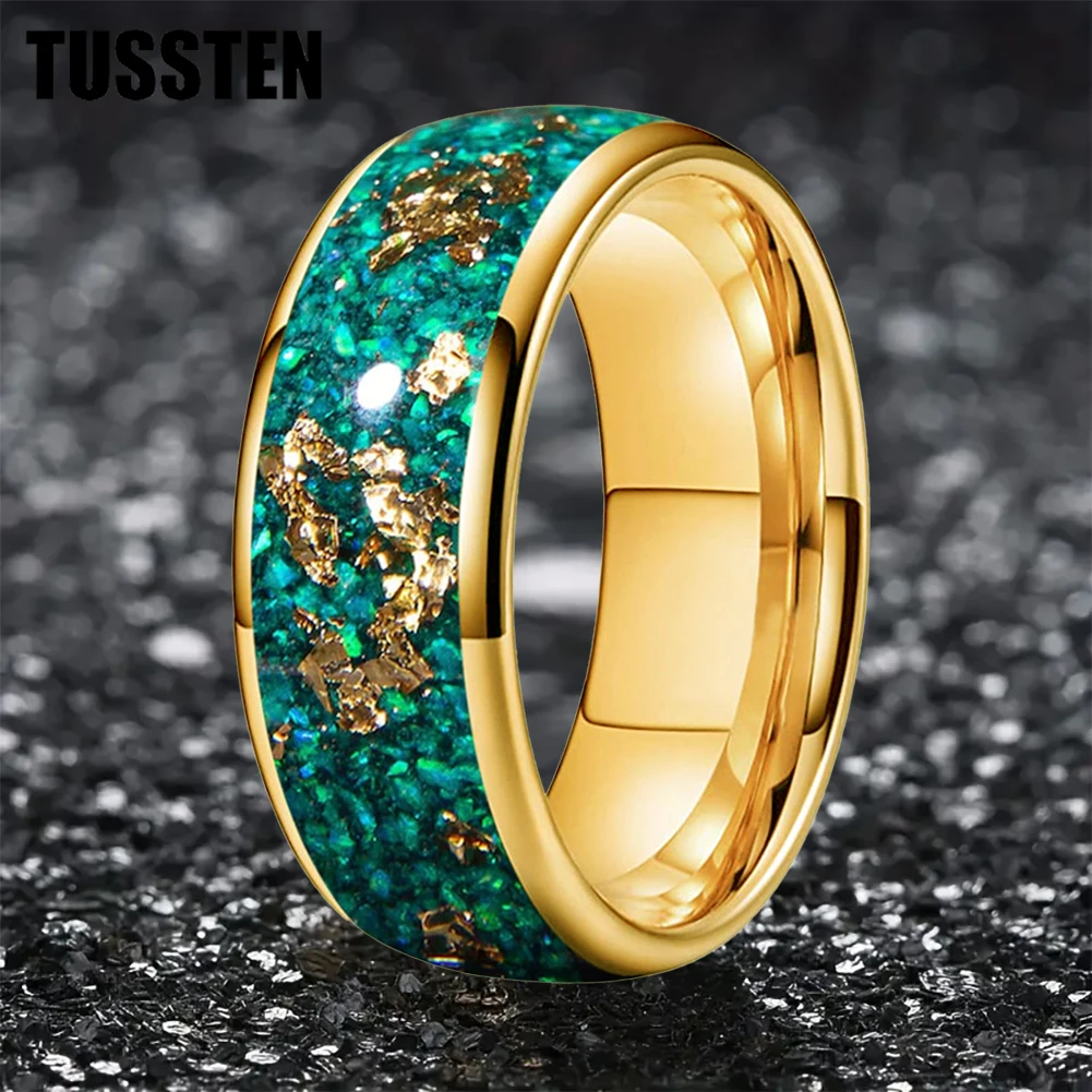 

TUSSTEN 6/8MM Green Opal And Gold Foil Inlay Tungsten Carbide ring for Men Women Fashion Engagement Wedding Band Comfort Fit