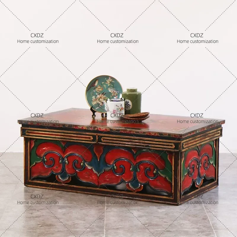 Ming Qing Style Antique Solid Wood Coffee Table Box with Tibetan Painting for Living Room Tea Table Tatami Hotel KTV