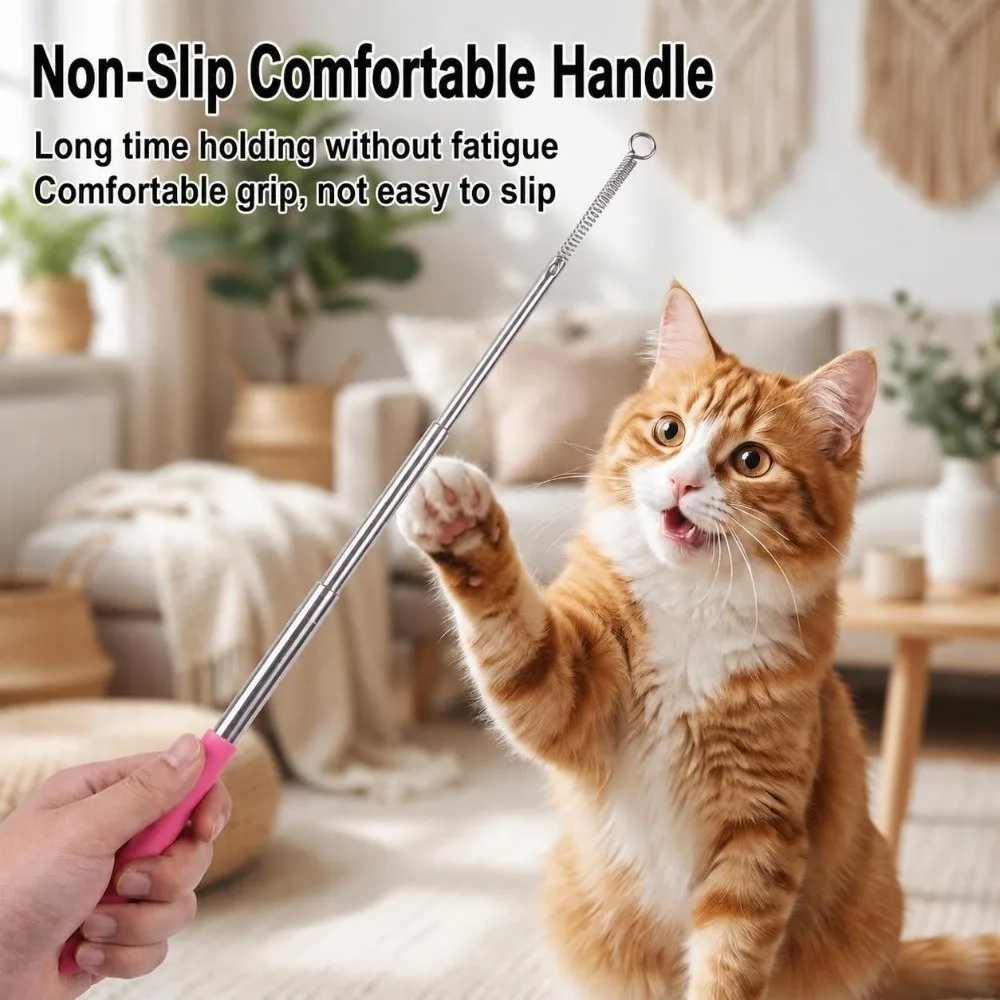 Stainless Steel Cat Teaser Wand Replaceable Head Retractable Retractable Cat Teaser Wand Telescopic Cat Wand Indoor/Outdoor