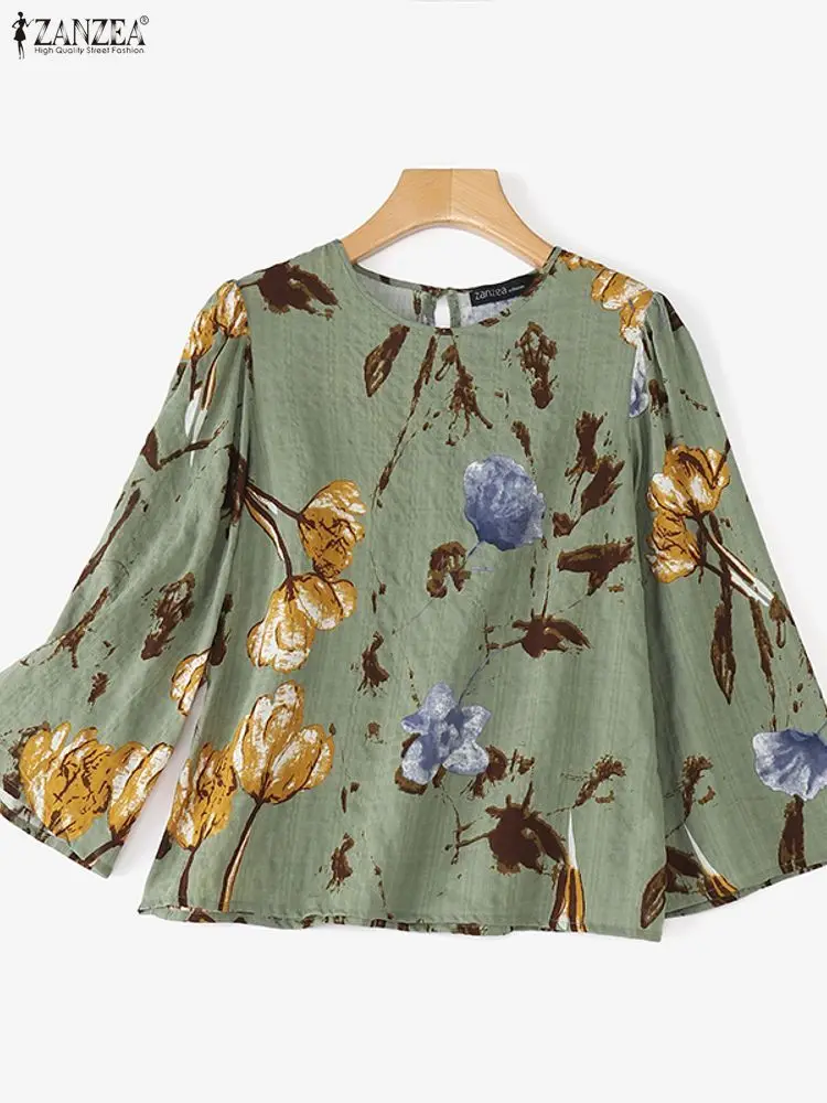 

ZANZEA, осенняя блузка с круглым вырезом, пуловер, модные винтажные блузки с цветочным принтом, 2025 г., женские повседневные свободные топы с расклешенными рукавами 3/4
