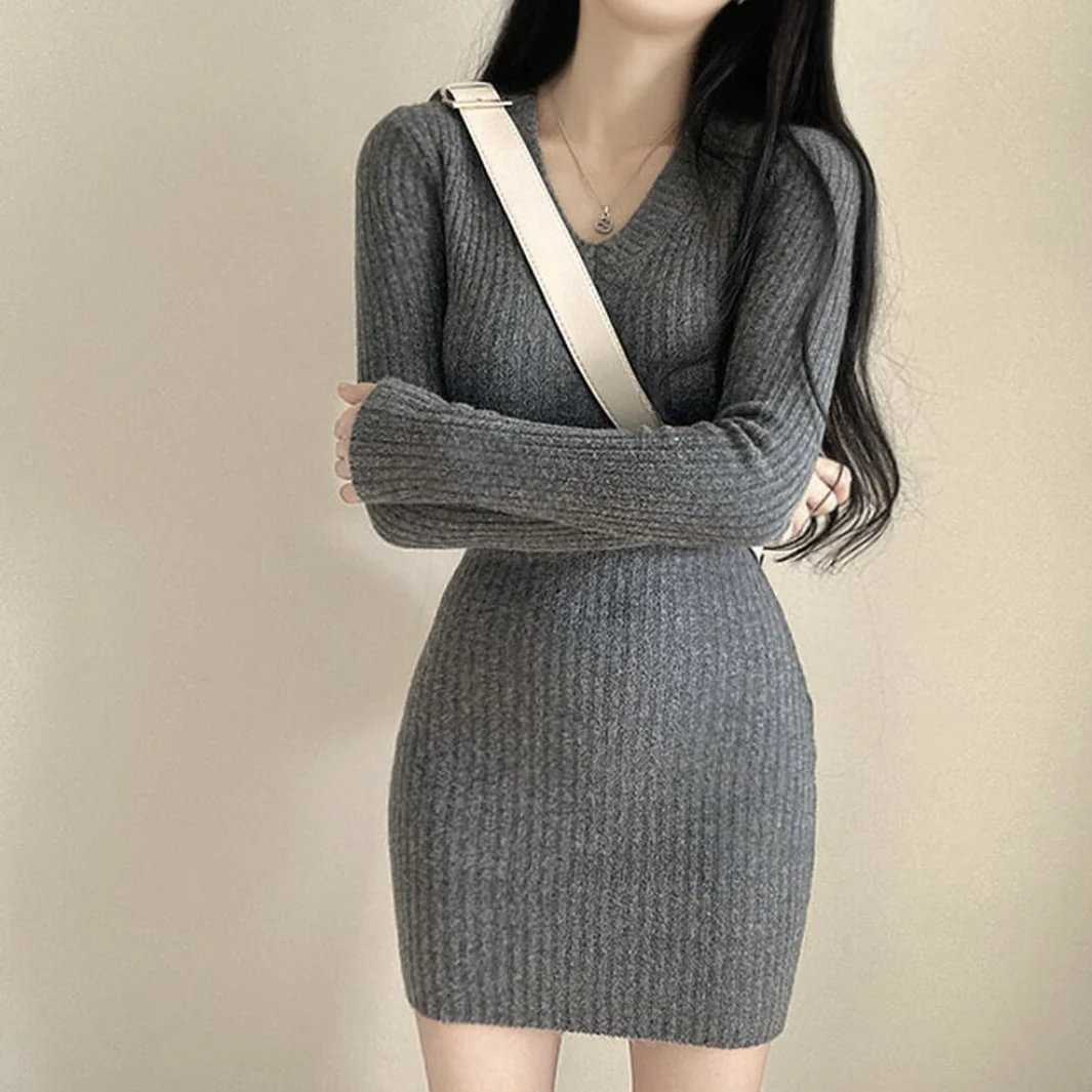 Elegancka jesienno-zimowa dzianinowa spódnica kopertowa z dekoltem w serek, wyszczuplająca, w stylu koreańskim, idealna do pracy, retro, jako warstwa bazowa.