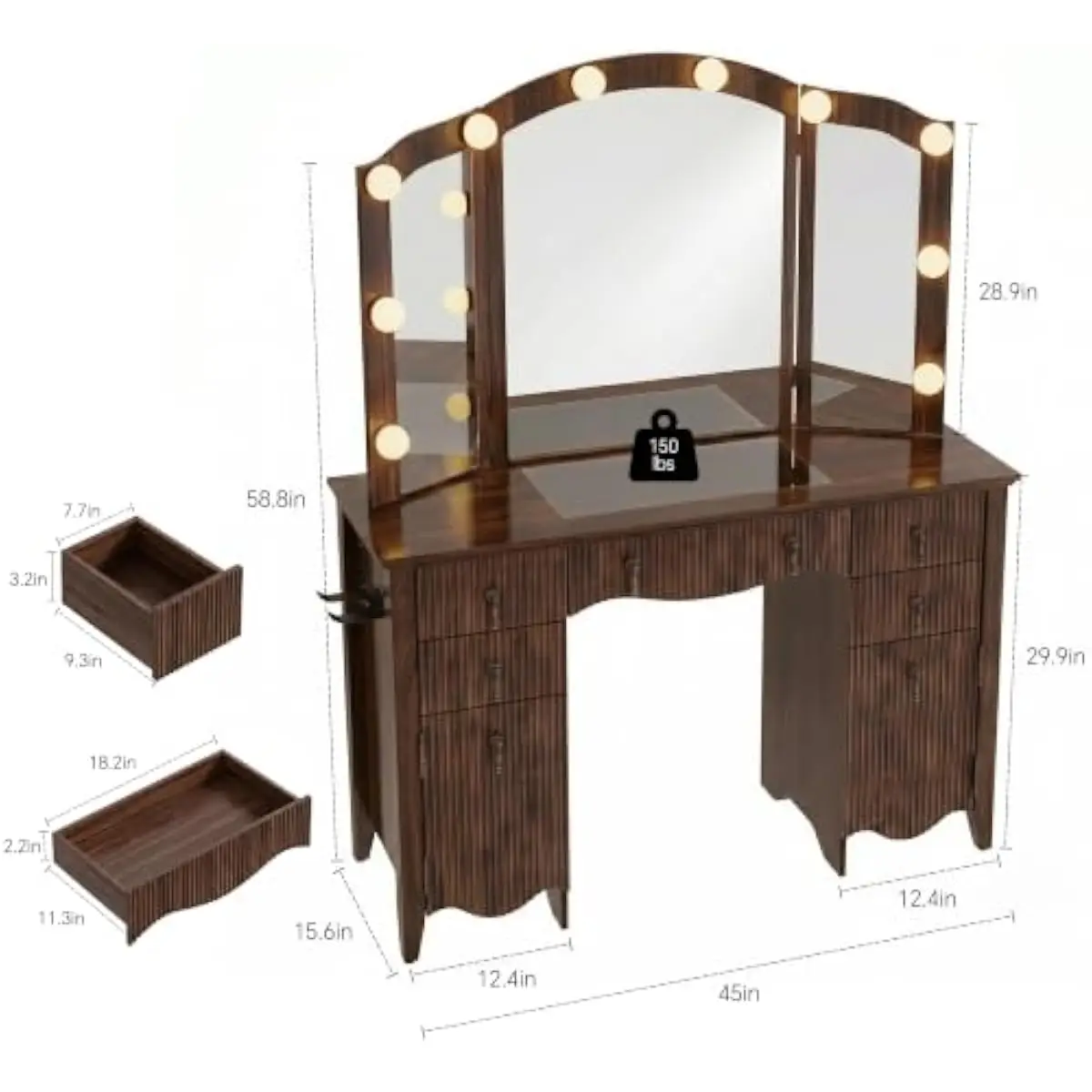 Retro Walnut Vanity Desk with Tri-Fold Mirror, 10 LED Lights, Tempered Glass Top, Built-In Power Strip, Hair Dryer Rack, 5 Drawe