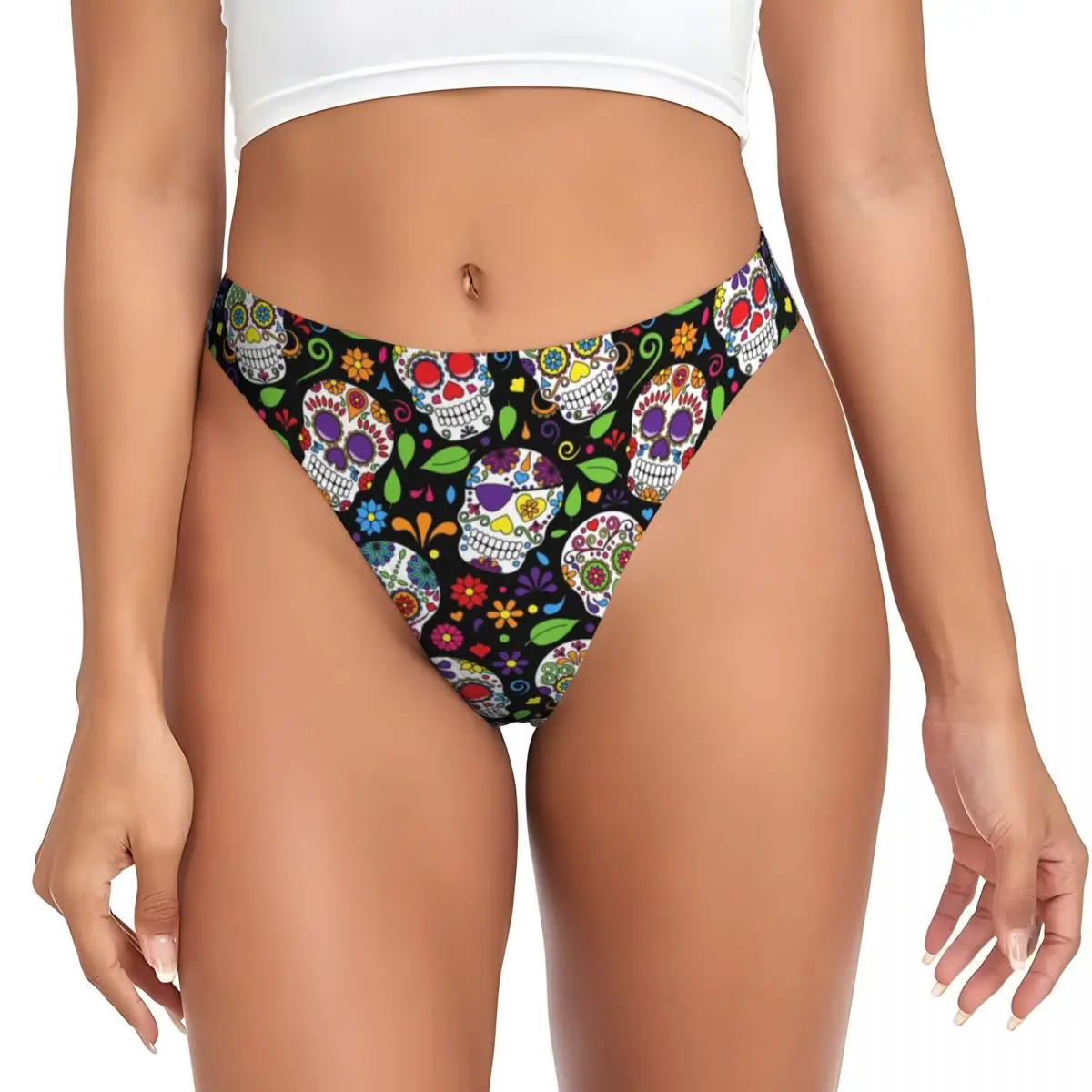 

Custom Women Colorful Sugar Skull Flower Pattern G-string Thongs Female Breathable Mexican Day of the Dead Panties Underwear