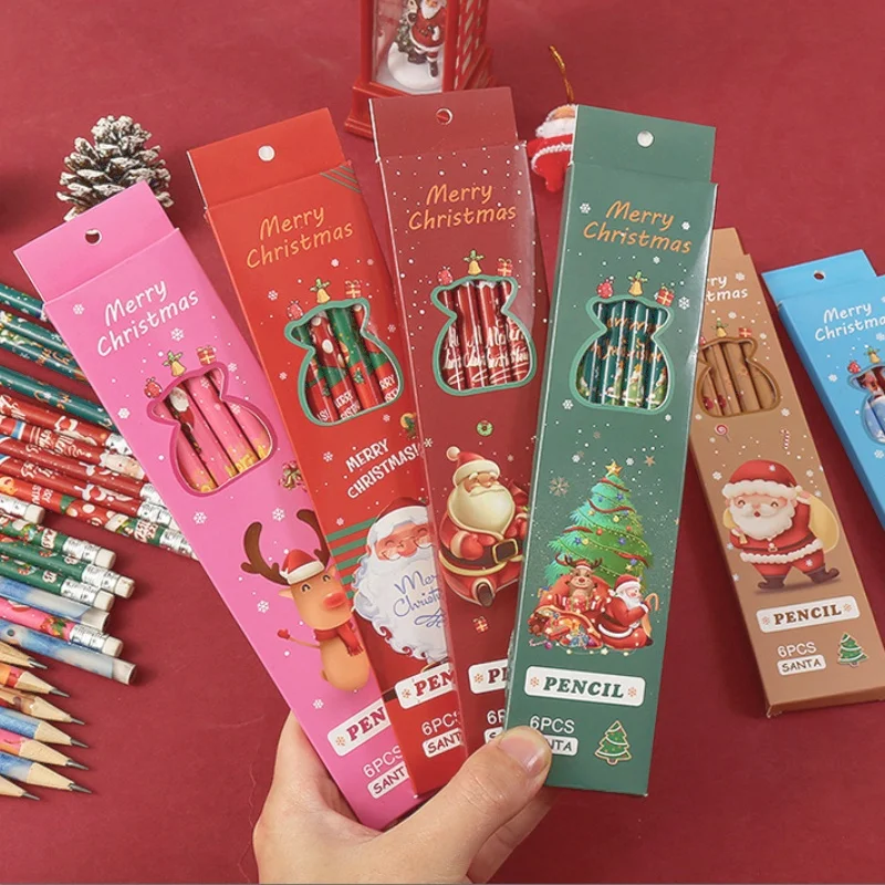 

6Pcs/Box Merry Christmas HB Wood Pencils with Eraser Santa Tree Elk Snowman Kids Stationery for Party Gift School Office Rewards