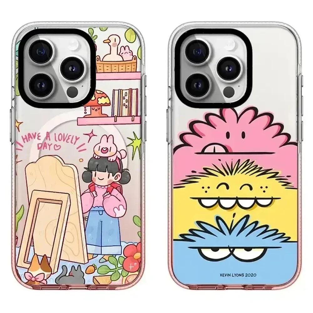 

Pink Gradient Transparent Border MagSafe Girl Cartoon Monster Pattern iPhone 13 14 15 Pro Max Protective Case