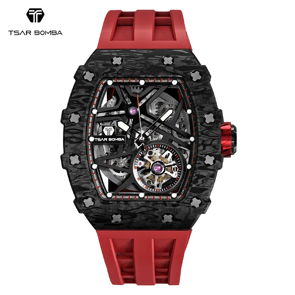 TSAR BOMBA Mens Automatic Watch Luxury Carbon Fiber Mechanical Wristwatch Skeleton Waterproof Clock Tonneau Watch for Men