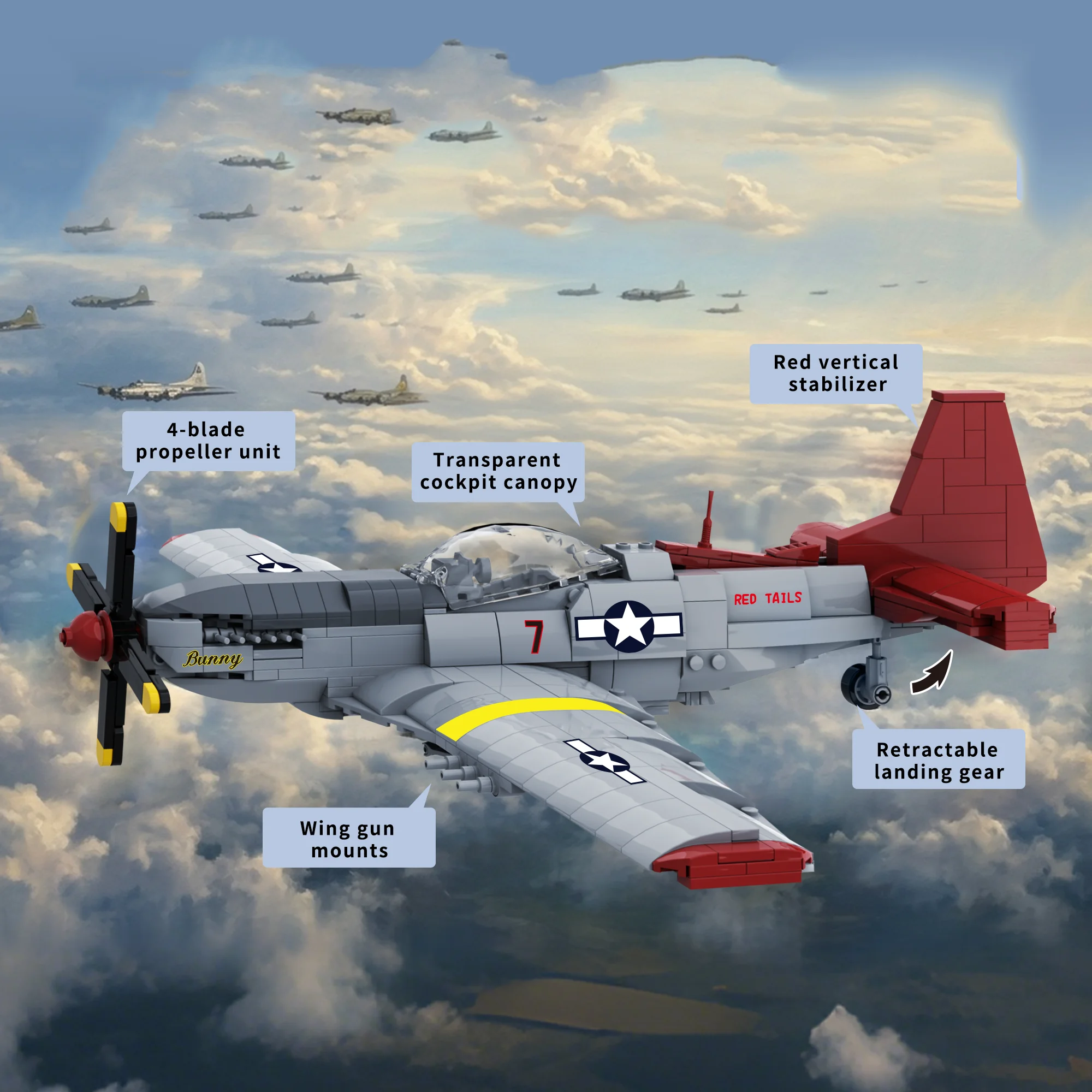 666PCS P-51 Mustang Fighter Jet Building Blocks Single Engine Propeller Fighter Model Bricks Desktop Ornament Puzzle Toys Gifts