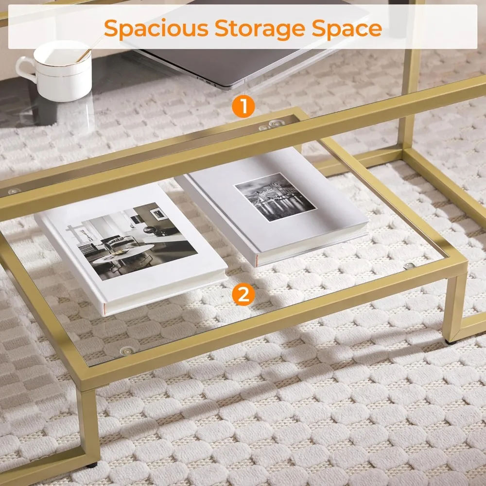 Gold Coffee Table, 42 Rectangular Glass Coffee Table for Living Room, 2-Tier Center Tea Tables with Metal Frame for Sm