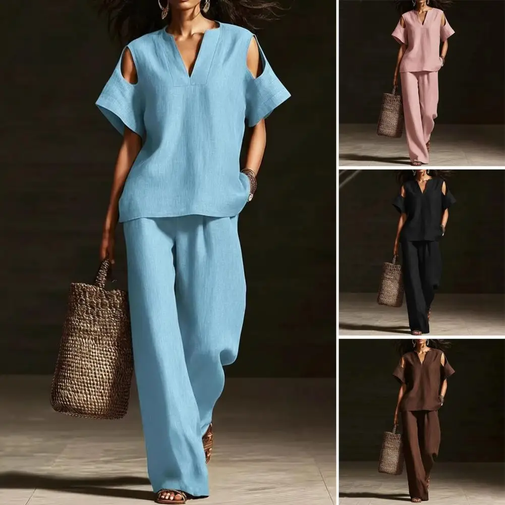 

Комплекты из хлопка и льна: 2 предмета, распродажа, повседневный стиль, свободная блузка с коротким рукавом и широкие брюки с высокой талией