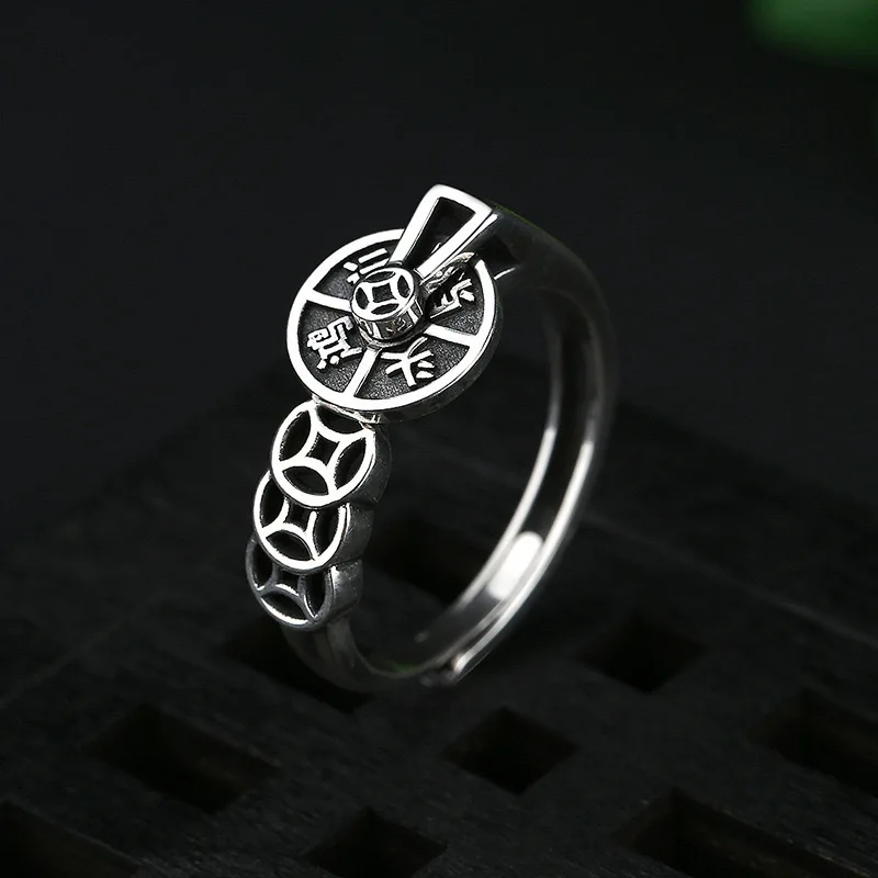 

Antique Silver Coin Rotatable Compass Ring Vintage Lucky Adjustable Ring Niche Women Fashion Jewelry